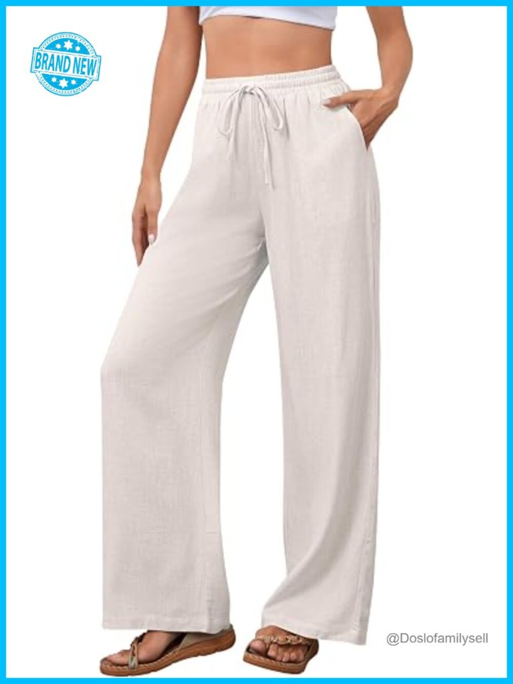 Women's Cotton Linen Palazzo Pants Drawstring Elastic Waist Wide Leg Lounge